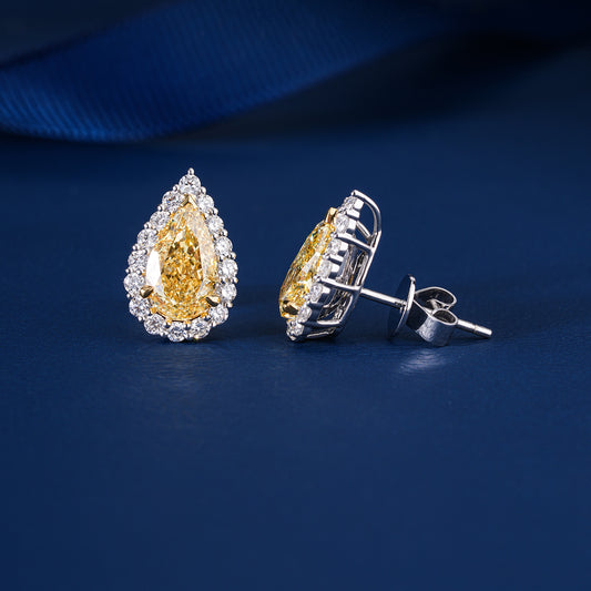 1.60 TCW Lab Grown Diamond Yellow Pear Cut Halo Stud Earrings