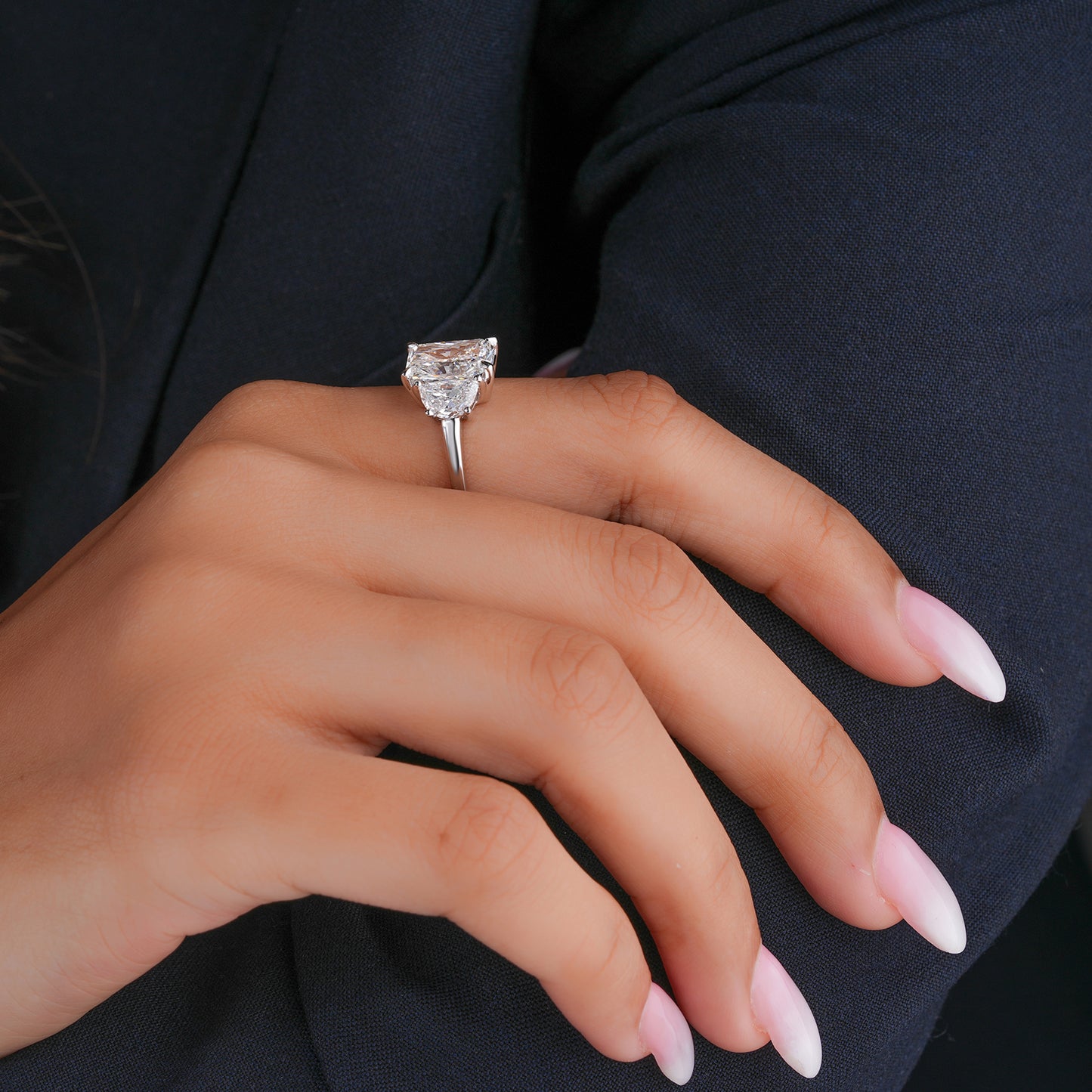 3.00 ct Radiant Cut Lab Grown Diamond Trilogy Half moon Stone Ring