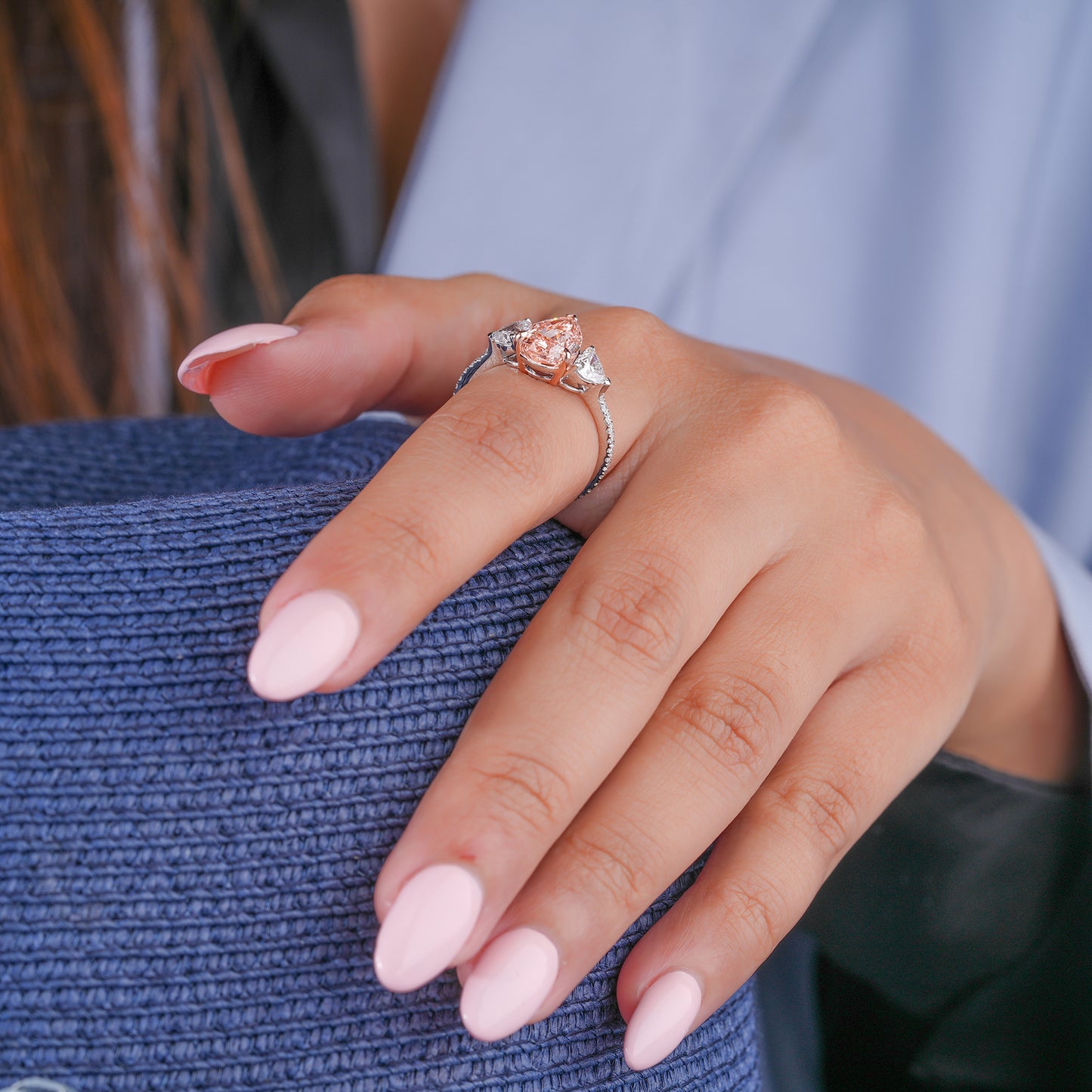 2.00 CT Fancy Pink Pear Lab Grown Diamond Three Stone Pave Engagement Ring