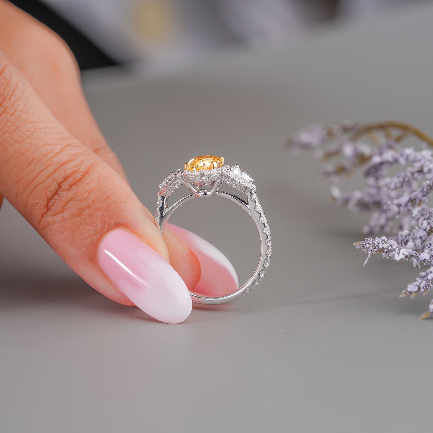 1.50 ct Yellow Oval Cut Diamond Two Trillion Diamond Engagement Ring