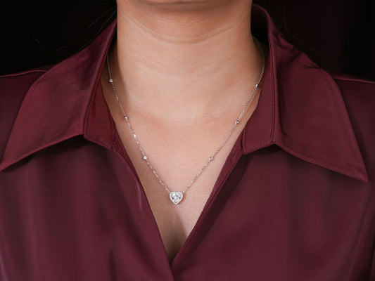 1.10 CT Heart Cut Lab Grown Diamond Necklace, Round Accent Stone Dainty Necklace