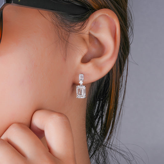 7.50 TCW Emerald and Round Cut Lab Grown Diamond Dangle Earrings