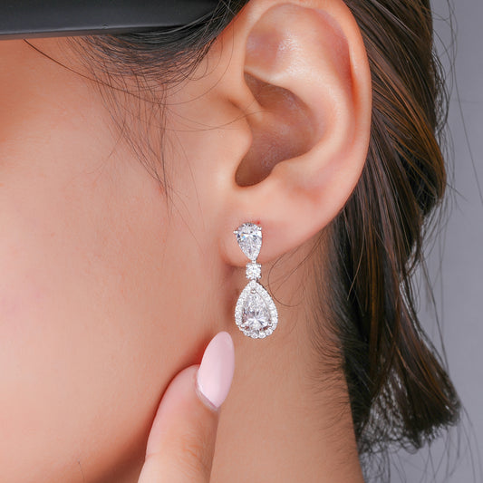 4.0 TCW Pear Cut Lab Grown Diamond Halo Dangle Earrings