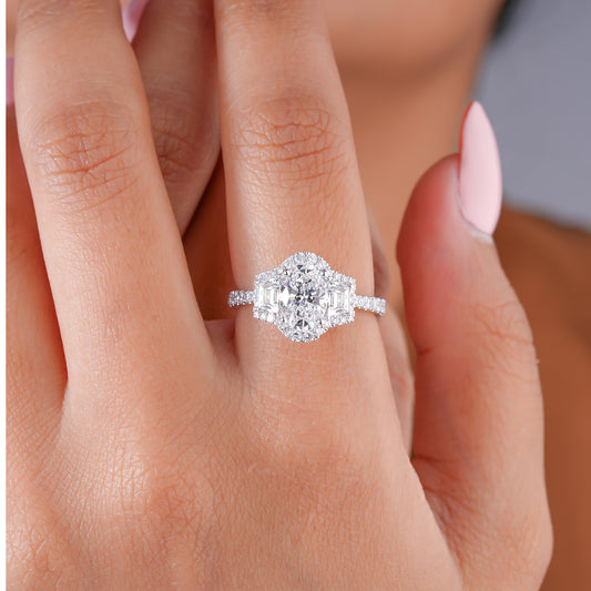 1.00 CT Oval Lab Grown Diamond Three Stone Setting Halo Engagement Ring