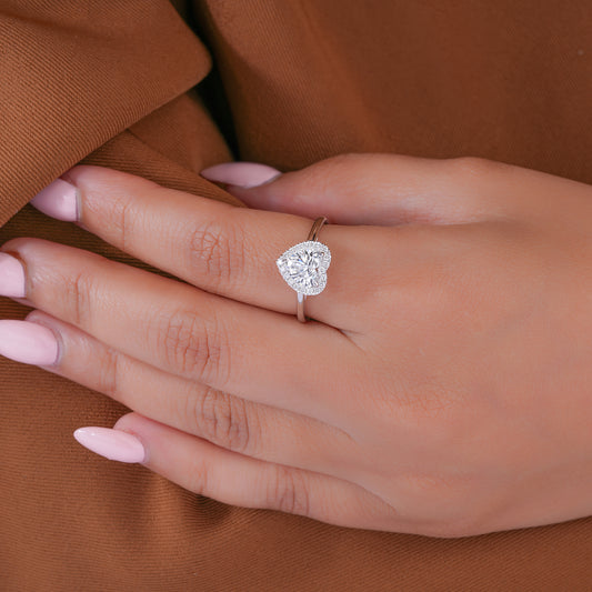1.00 CT Heart Cut Lab Grown Diamond Halo Solitaire Romantic Engagement Ring