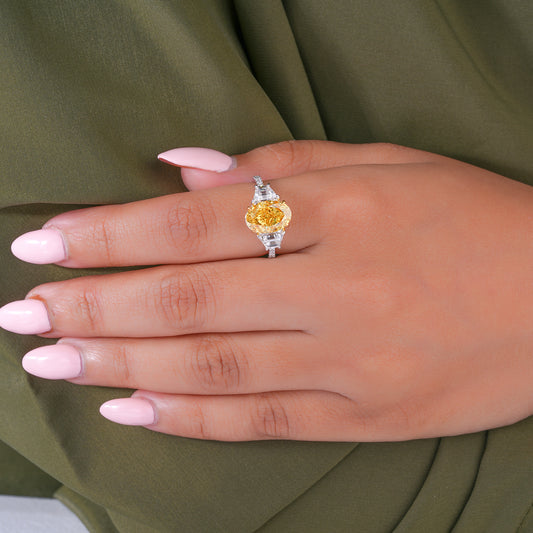 3.00 Carat Oval Yellow Diamond Ring Trilogy Art Deco Engagement RIng