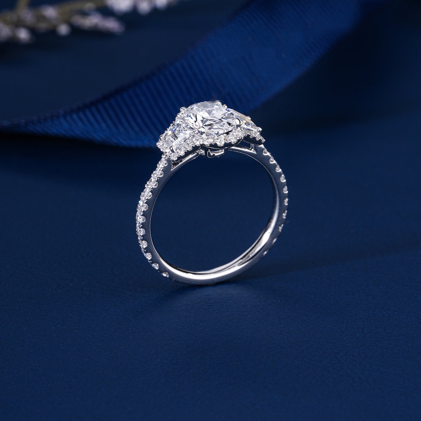 1.00 CT Oval Lab Grown Diamond Three Stone Setting Halo Engagement Ring