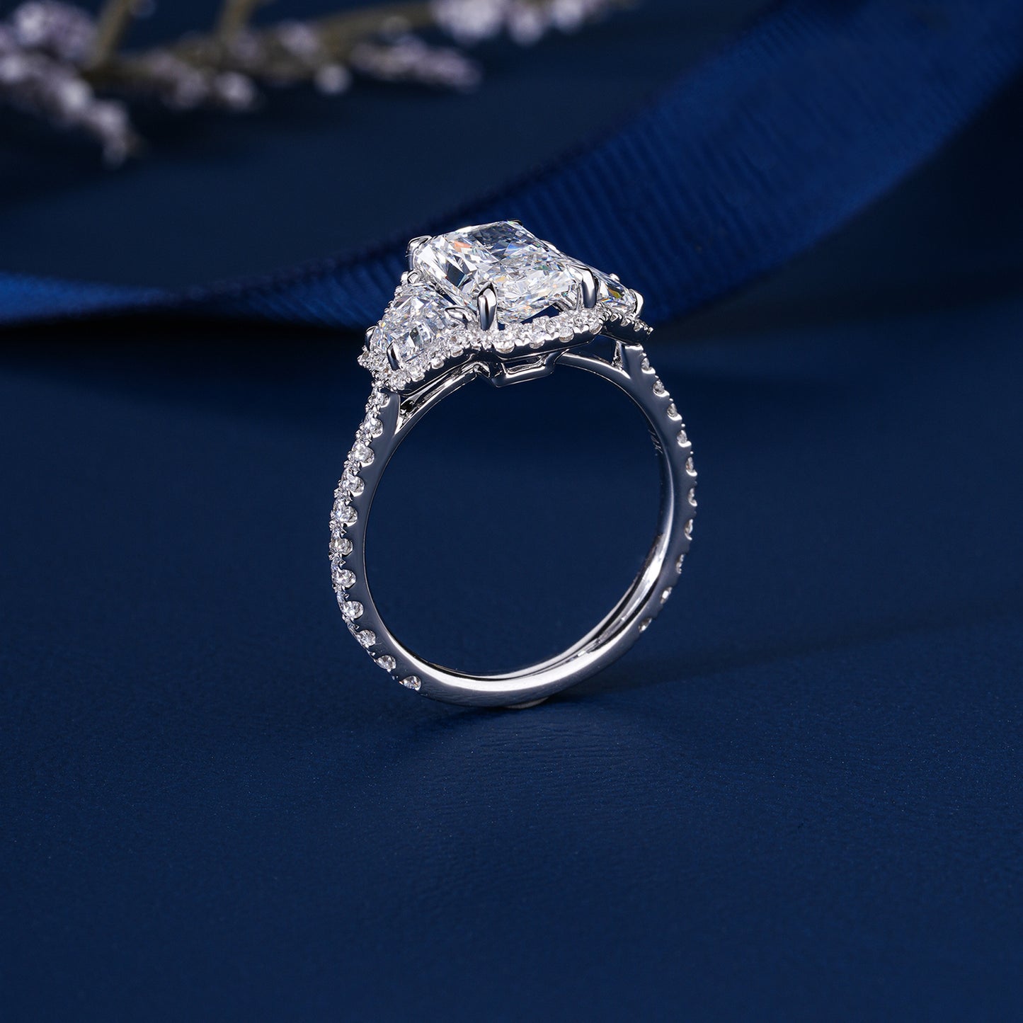 2.00 CT Radiant Cut Lab Grown Diamond Three Stone Halo Engagement Ring