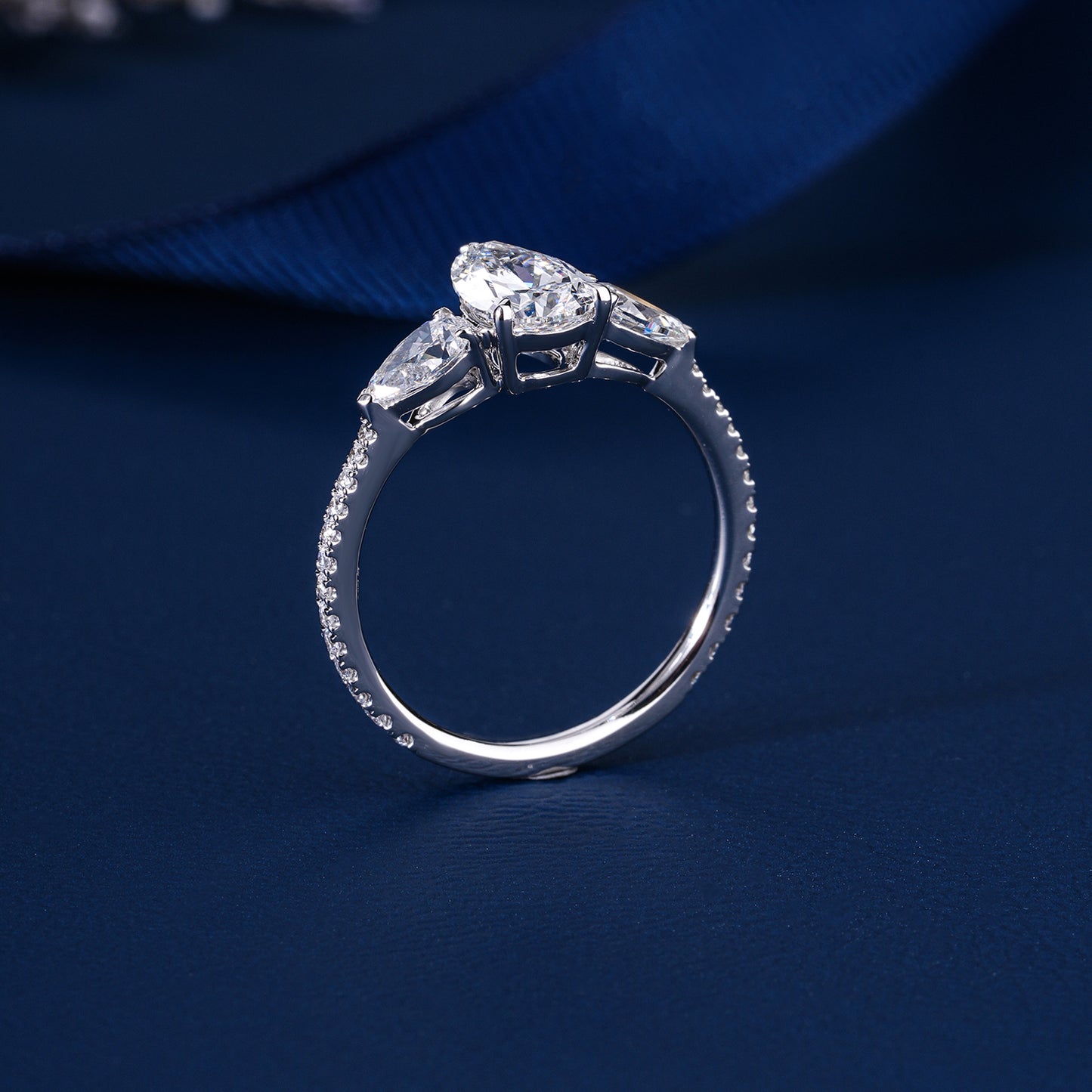 1.00 Ct Pear (Teardrop) Three Stone Pave Setting Luxury Engagement Ring