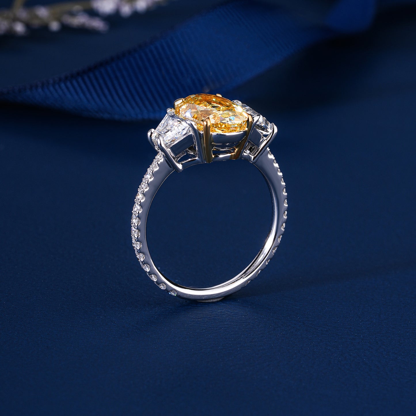 3.00 Carat Oval Yellow Diamond Ring Trilogy Art Deco Engagement RIng