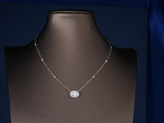 2.00 CT Oval Cut Lab Grown Halo Necklace, Bezel Set Station Chain Pendant