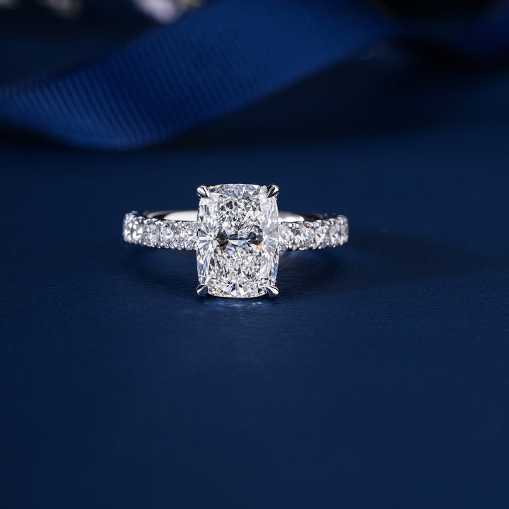 3.1 ct Cushion Cut Lab Grown Diamond Graduated Pave Band Engagement Ring