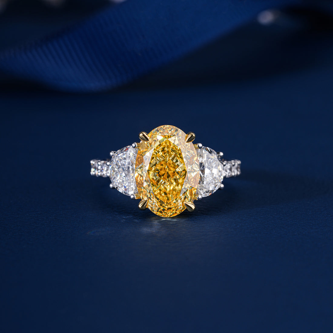 3.20 CT Yellow Oval Cut Pave, side Half moon Two-Stone Engagement Ring