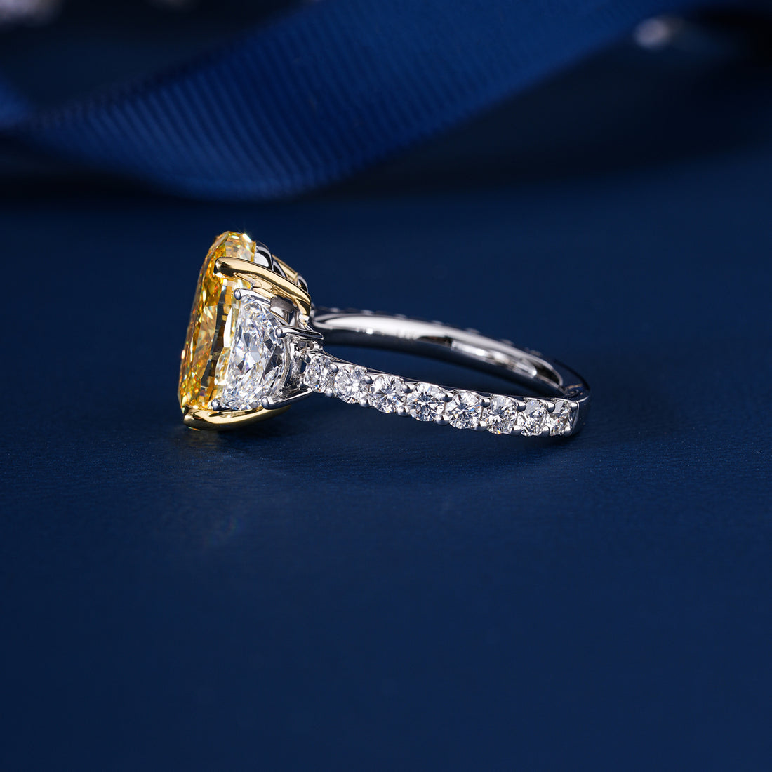 3.20 CT Yellow Oval Cut Pave, side Half moon Two-Stone Engagement Ring