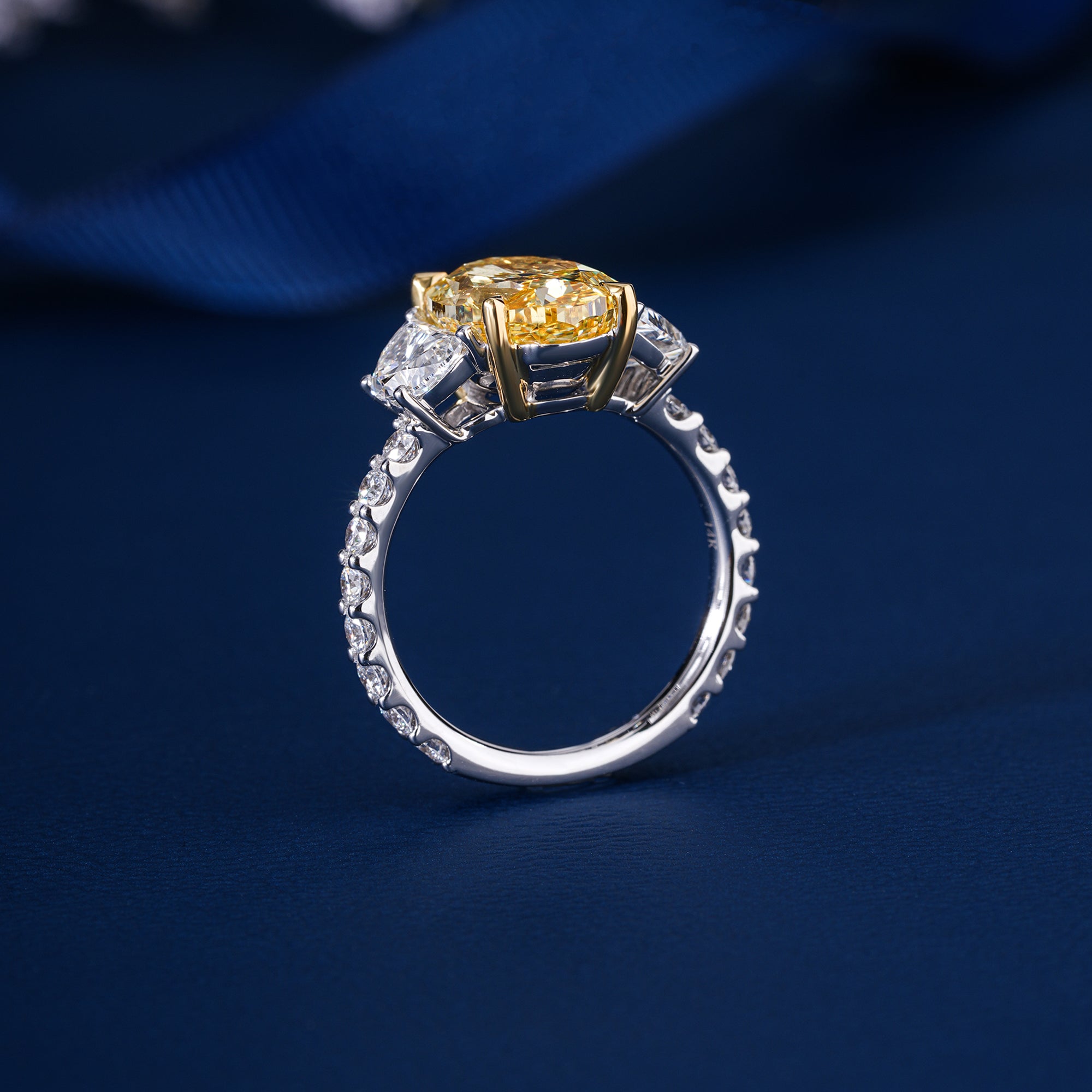 3.20 CT Yellow Oval Cut Pave, side Half moon Two-Stone Engagement Ring