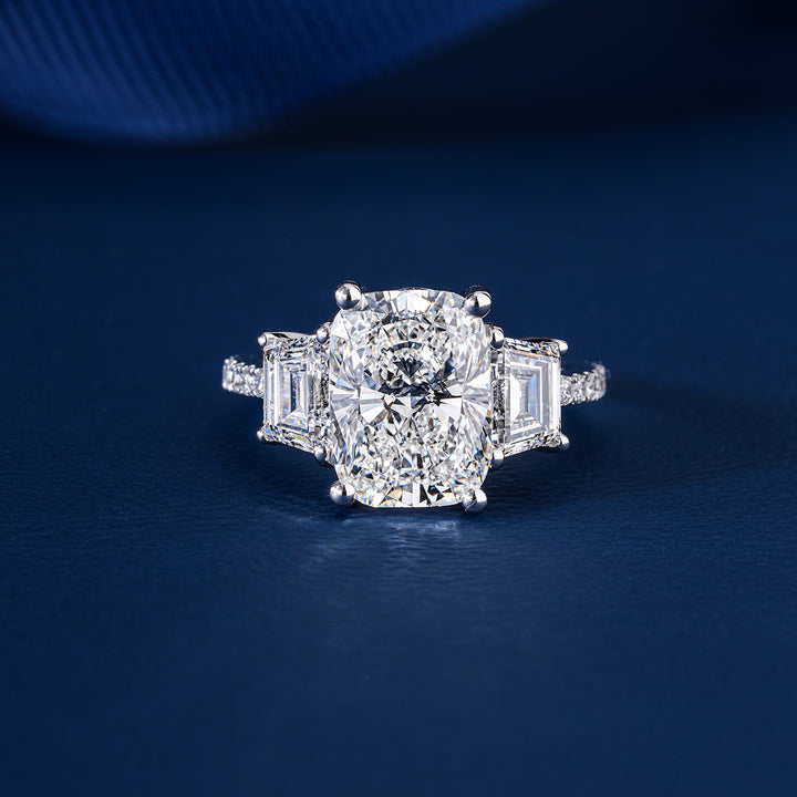 4.00 Ct Cushion Cut Lab Grown Diamond Trilogy Engagement Ring