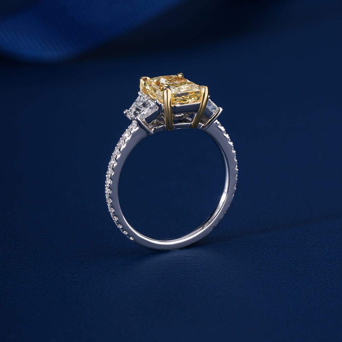 2.2 CT Yellow Radiant Cut Trapezoid Side Diamonds With Pave Engagement Ring