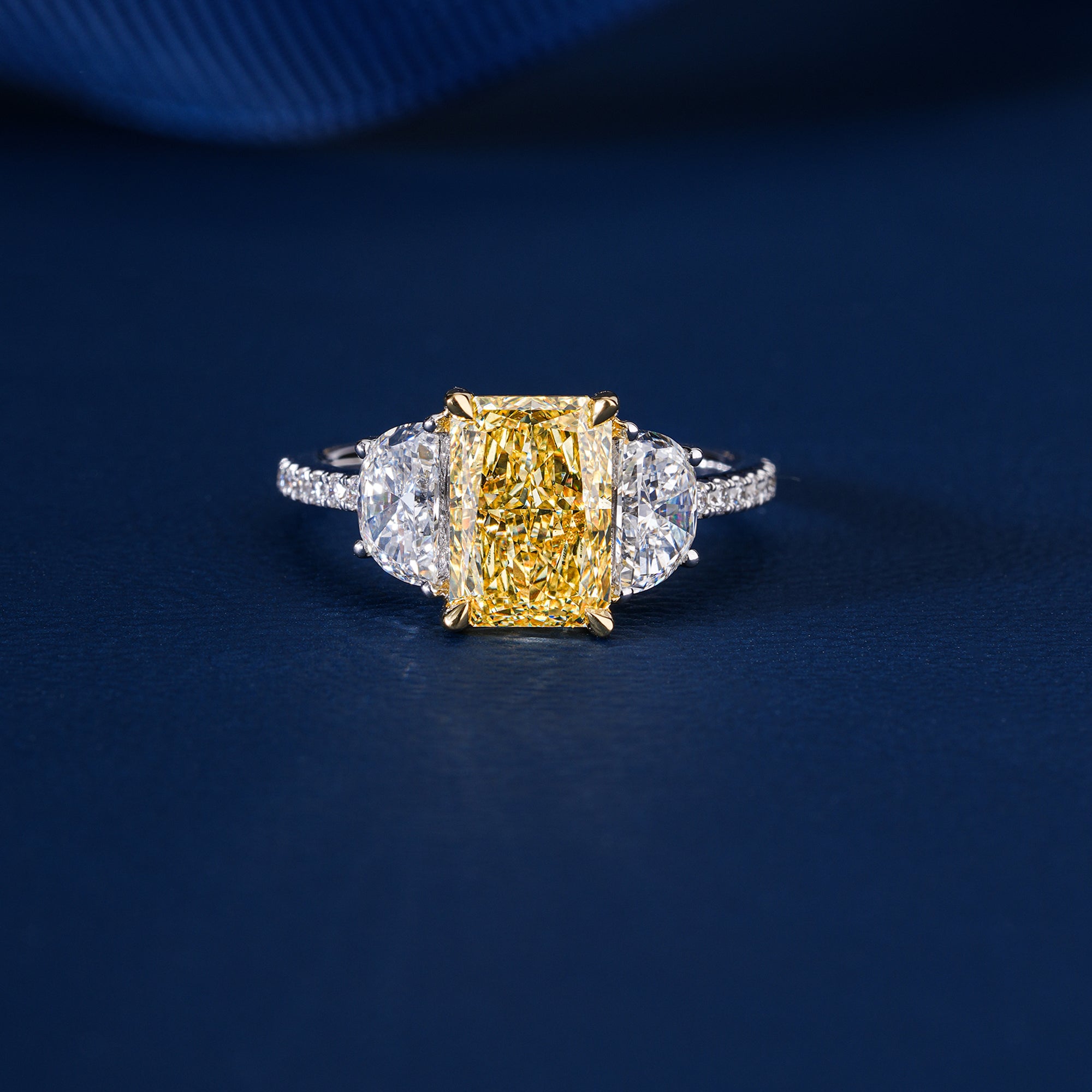 2.35 CT Yellow Radiant Cut Diamond Half Moon & Round Side Diamonds I With Pave I Engagement Ring