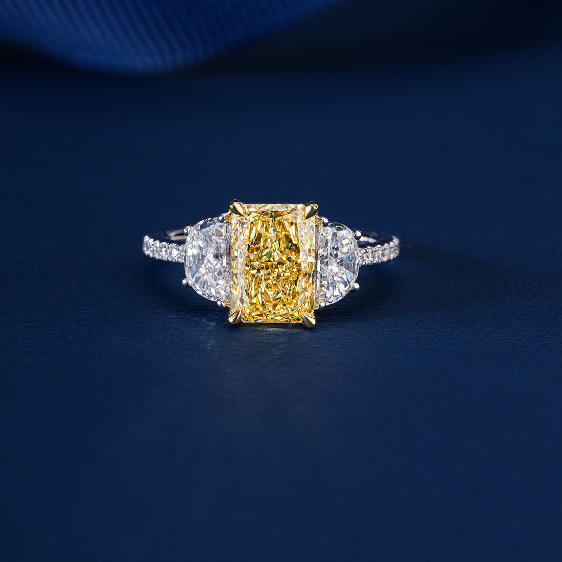 2.35 CT Yellow Radiant Cut Diamond Half Moon & Round Side Diamonds I With Pave I Engagement Ring