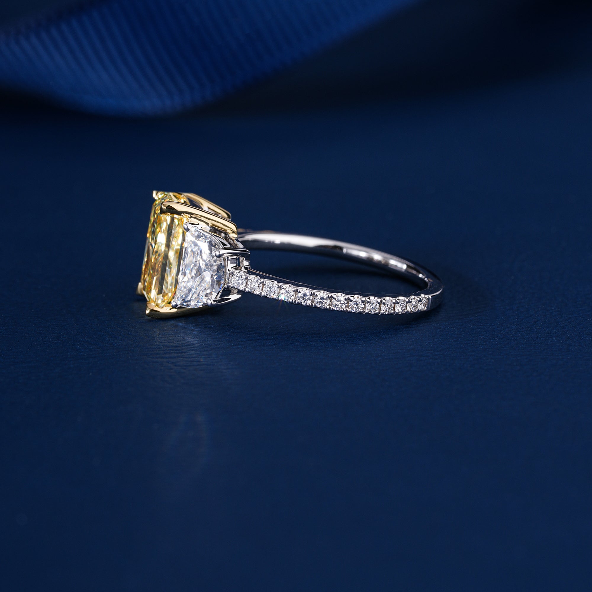 2.35 CT Yellow Radiant Cut Diamond Half Moon & Round Side Diamonds I With Pave I Engagement Ring