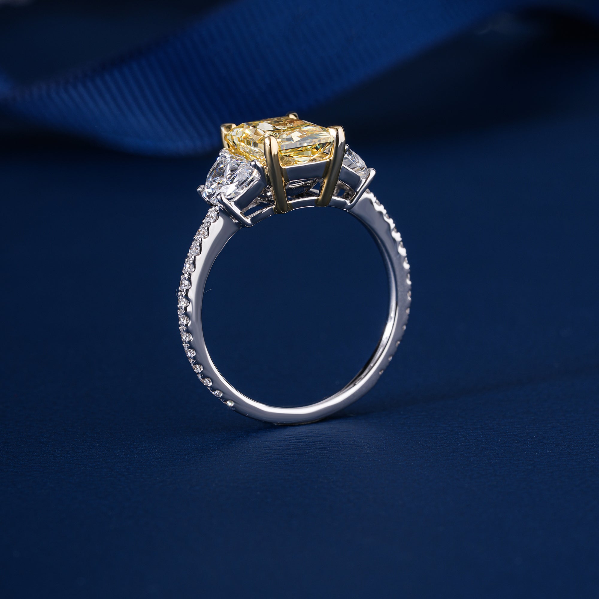 2.35 CT Yellow Radiant Cut Diamond Half Moon & Round Side Diamonds I With Pave I Engagement Ring