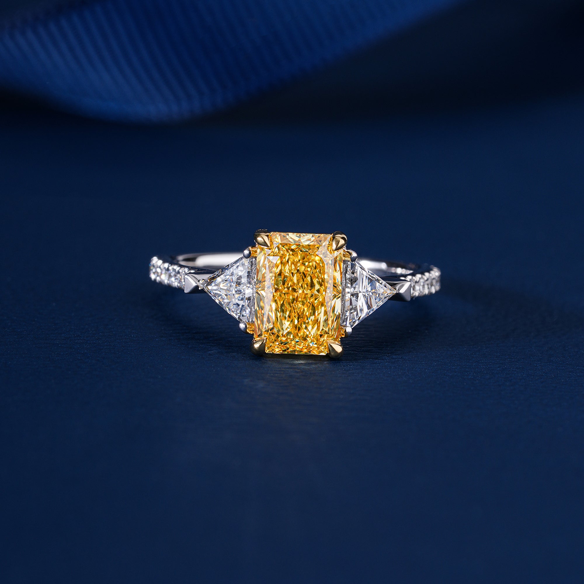 1.9 CT Yellow Radiant Cut Diamond Triangle & Round Cut Side Stone Ring