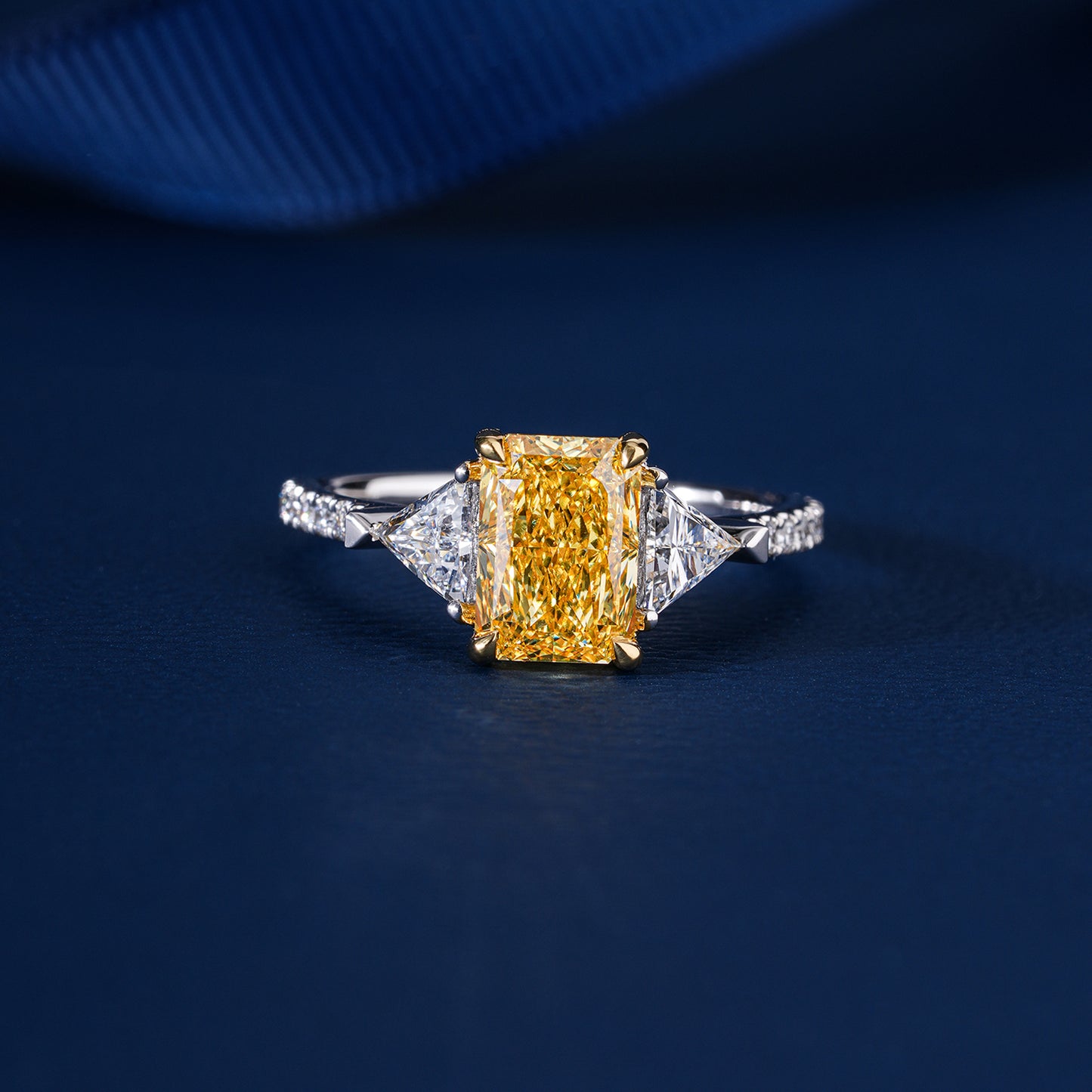 2.00 CT Yellow Radiant Cut Diamond Triangle & Round Cut Side Stone Ring