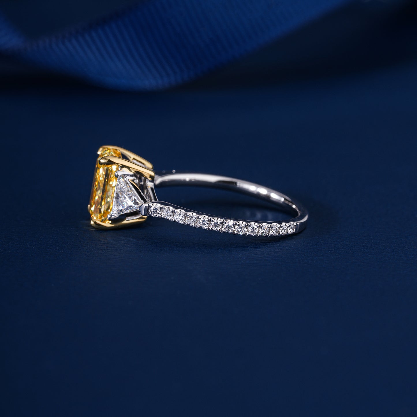 2.00 CT Yellow Radiant Cut Diamond Triangle & Round Cut Side Stone Ring