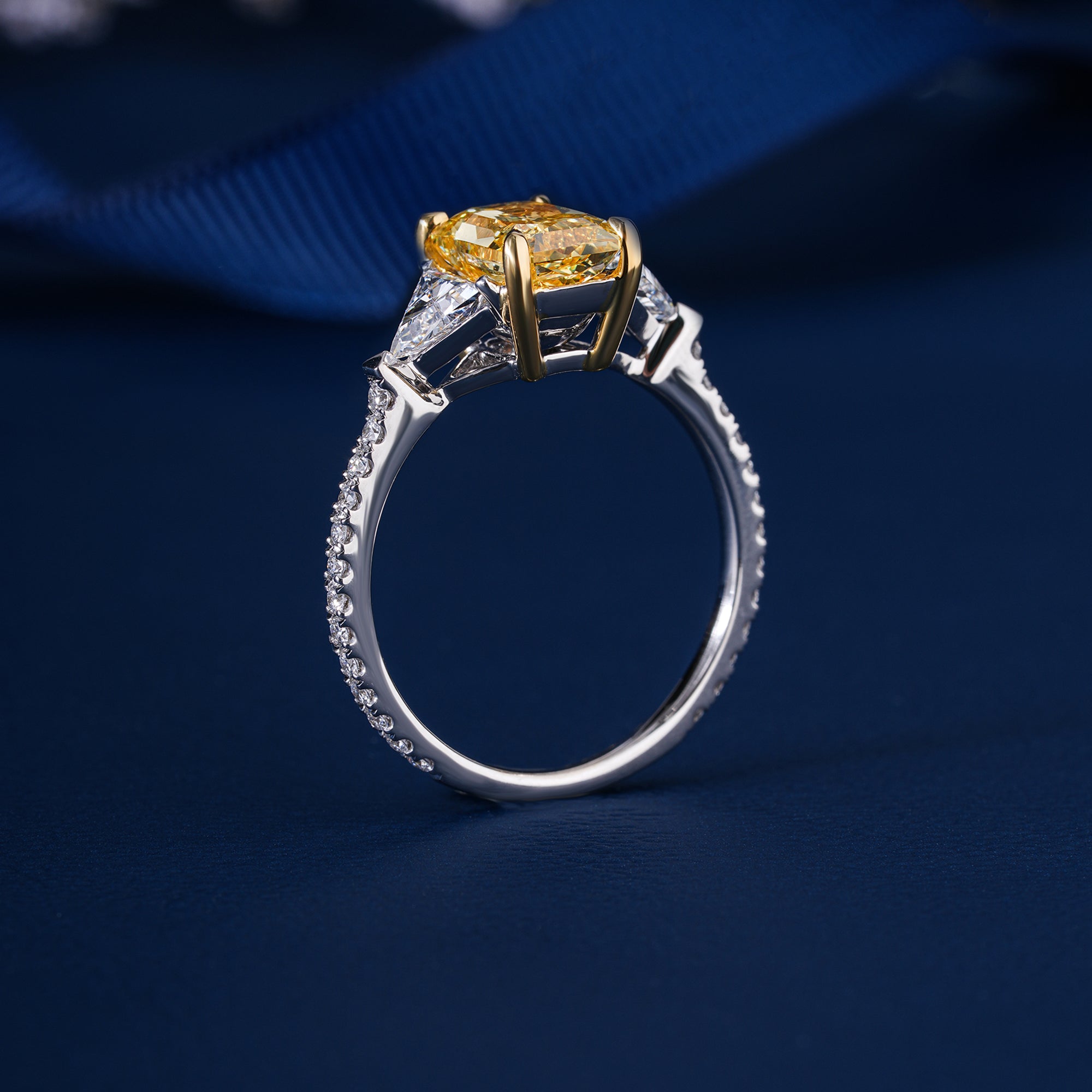 1.9 CT Yellow Radiant Cut Diamond Triangle & Round Cut Side Stone Ring