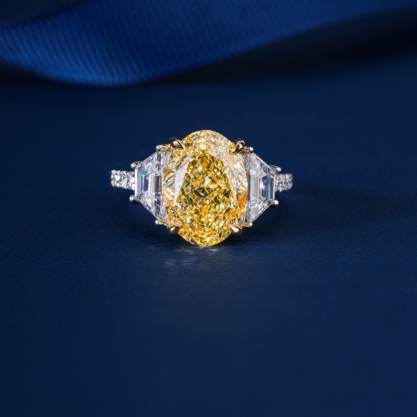 5.50 CT Fancy Yellow Oval Cut Lab-Grown Diamond Three Stone Engagement Ring