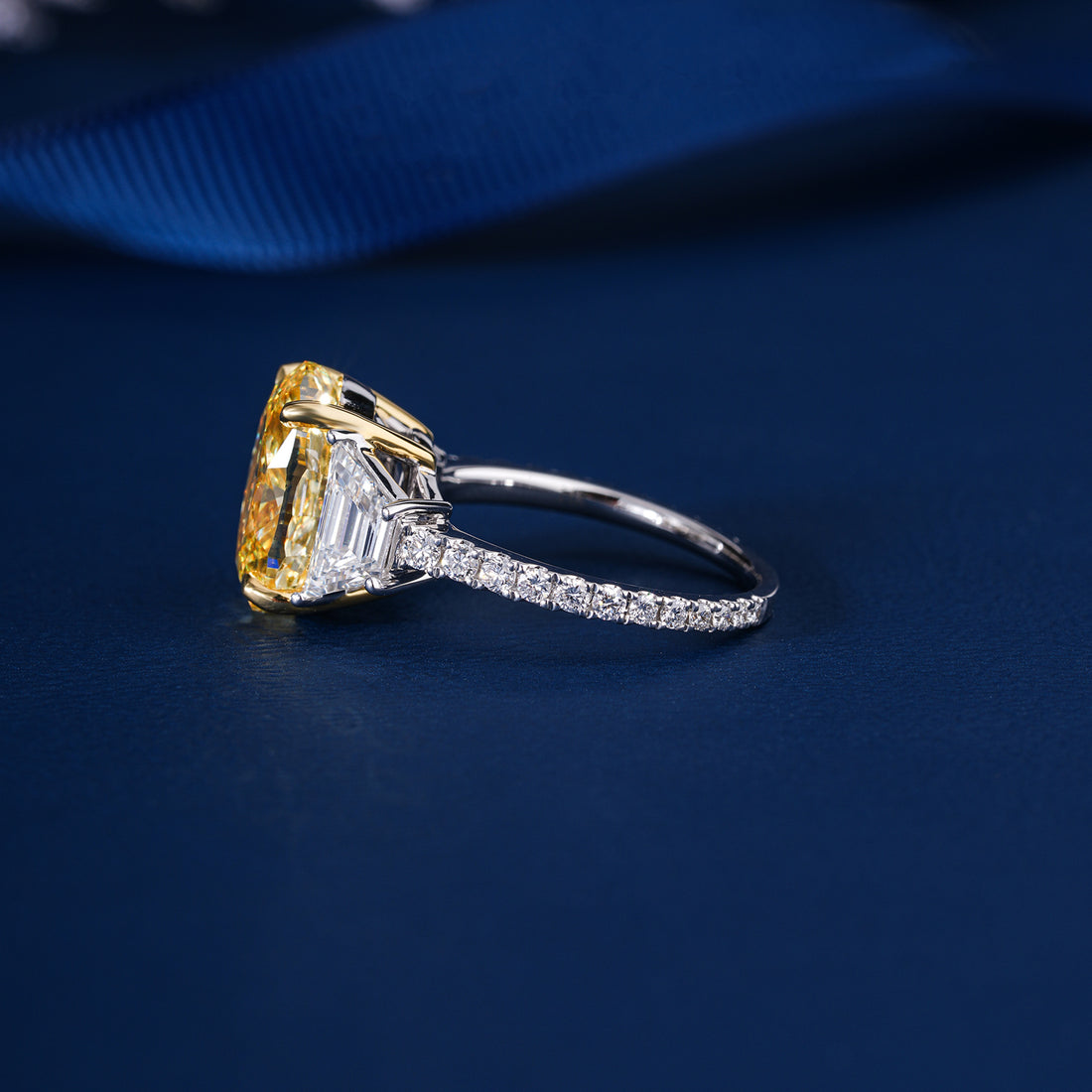 5.55 CT Fancy Yellow Oval Cut Lab-Grown Diamond Three Stone Engagement Ring