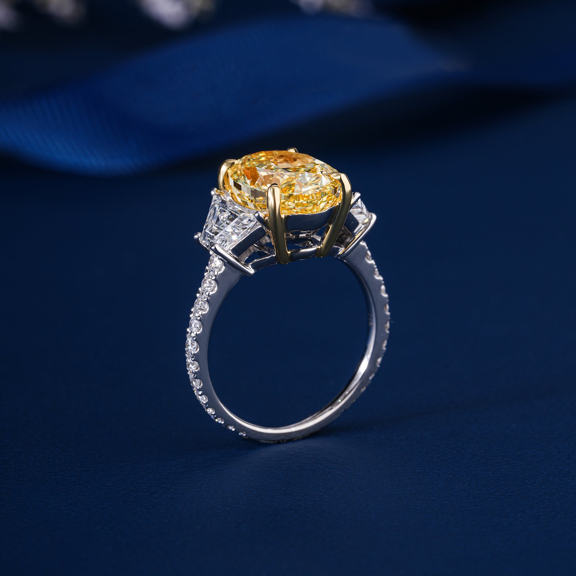 5.55 CT Fancy Yellow Oval Cut Lab-Grown Diamond Three Stone Engagement Ring