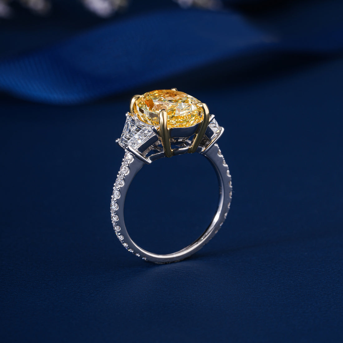 5.55 CT Fancy Yellow Oval Cut Lab-Grown Diamond Three Stone Engagement Ring