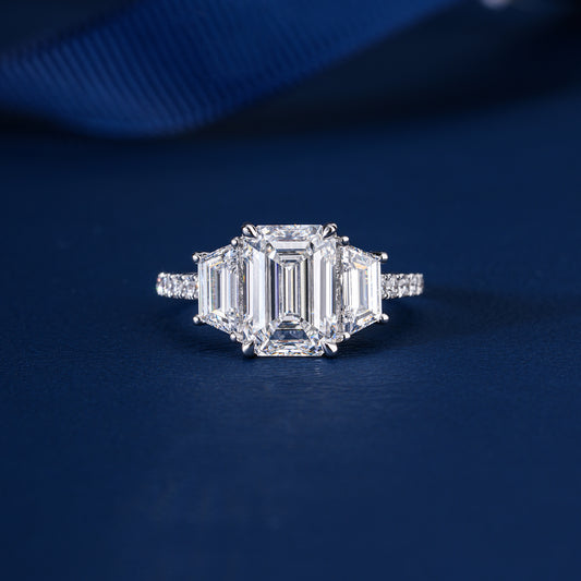 3.00 CT IGI Certified Emerald Cut Diamond Three Stone Engagement Ring