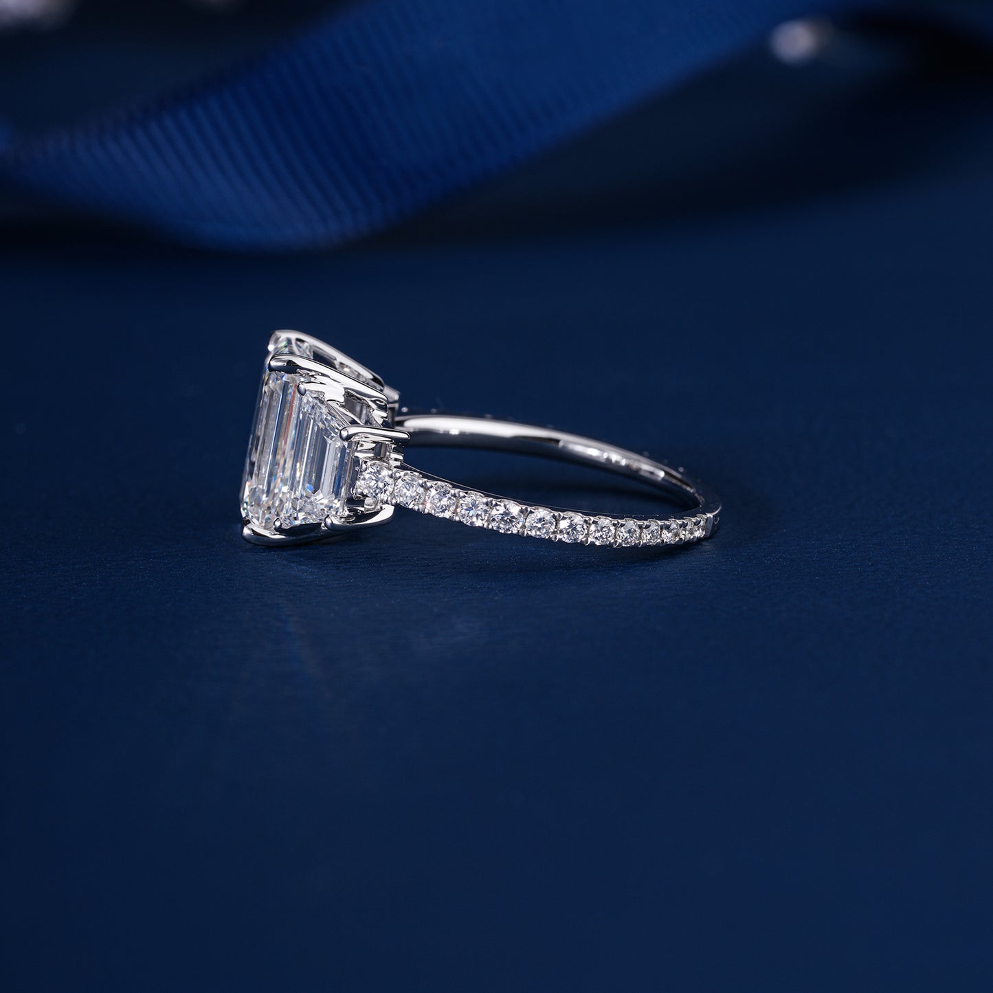 3.00 CT IGI Certified Emerald Cut Diamond Three Stone Engagement Ring