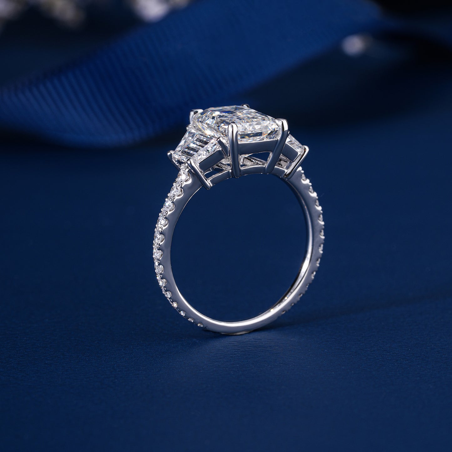 3.00 CT IGI Certified Emerald Cut Diamond Three Stone Engagement Ring