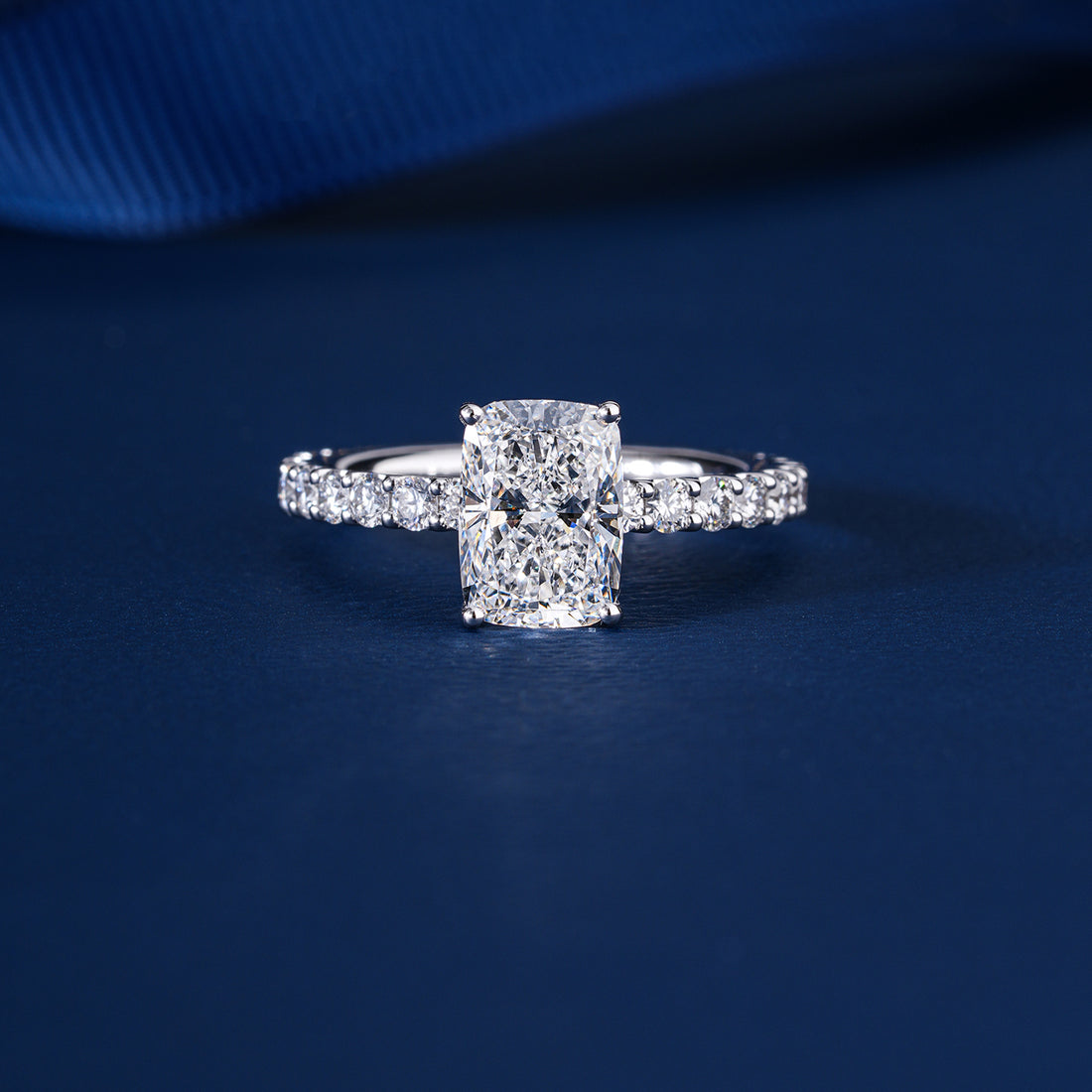 4.05 CT Elongated Cushion Lab Grown Diamond Hidden Halo Pave Set Engagement ring