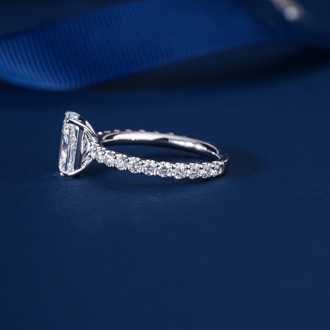 4.05 CT Elongated Cushion Lab Grown Diamond Hidden Halo Pave Set Engagement ring