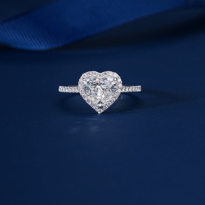 1.77 CT Heart Shape Lab Grown Diamond Ring Halo Setting Solid 14k Gold Pave Band Promise Engagement Anniversary Ring