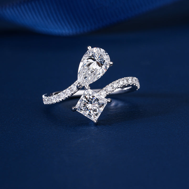 2.355 CT Two StoneLab Grown Diamond Ring Pear Princess Cut Two Stone Engagement Solid 14k Gold Pave Band Unique