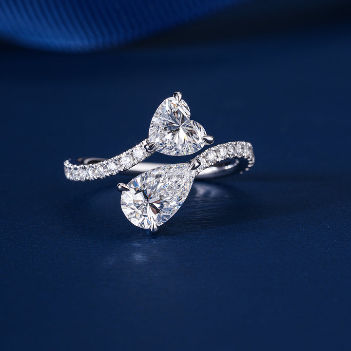 2.00 CT Lab Grown Heart Pear Cut Two Stone Diamond Engagement  Ring