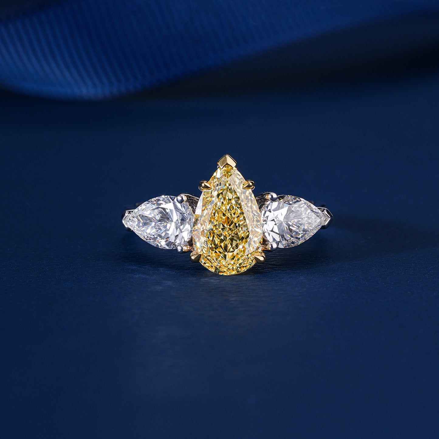 1.50 CT Fancy Yellow Pear Lab Grown Diamond Trilogy Engagement ring