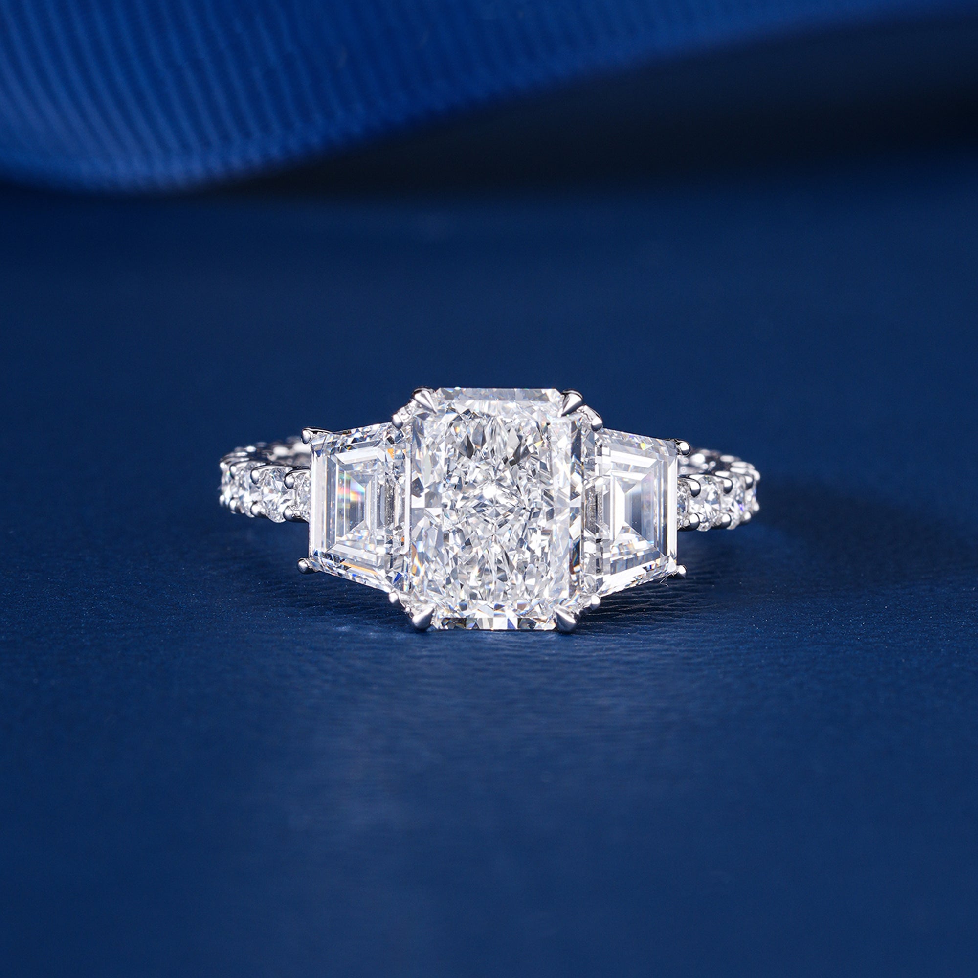 4.03 CT Radiant Cut Three Stone Lab Grown Engagement Ring I  Solid Gold Trapezoid Side Stone I Anniversary Wedding Gift For Girlfriend