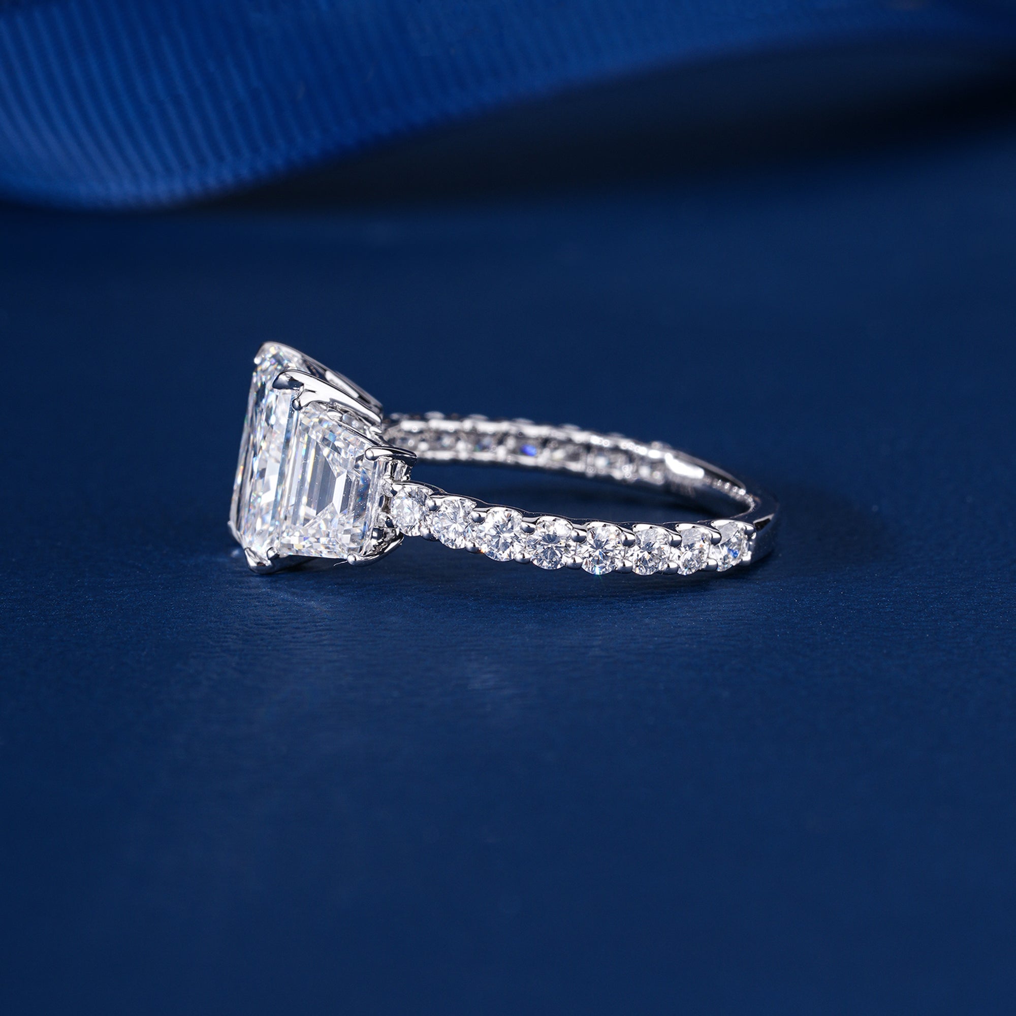 4.03 CT Radiant Cut Three Stone Lab Grown Engagement Ring I  Solid Gold Trapezoid Side Stone I Anniversary Wedding Gift For Girlfriend