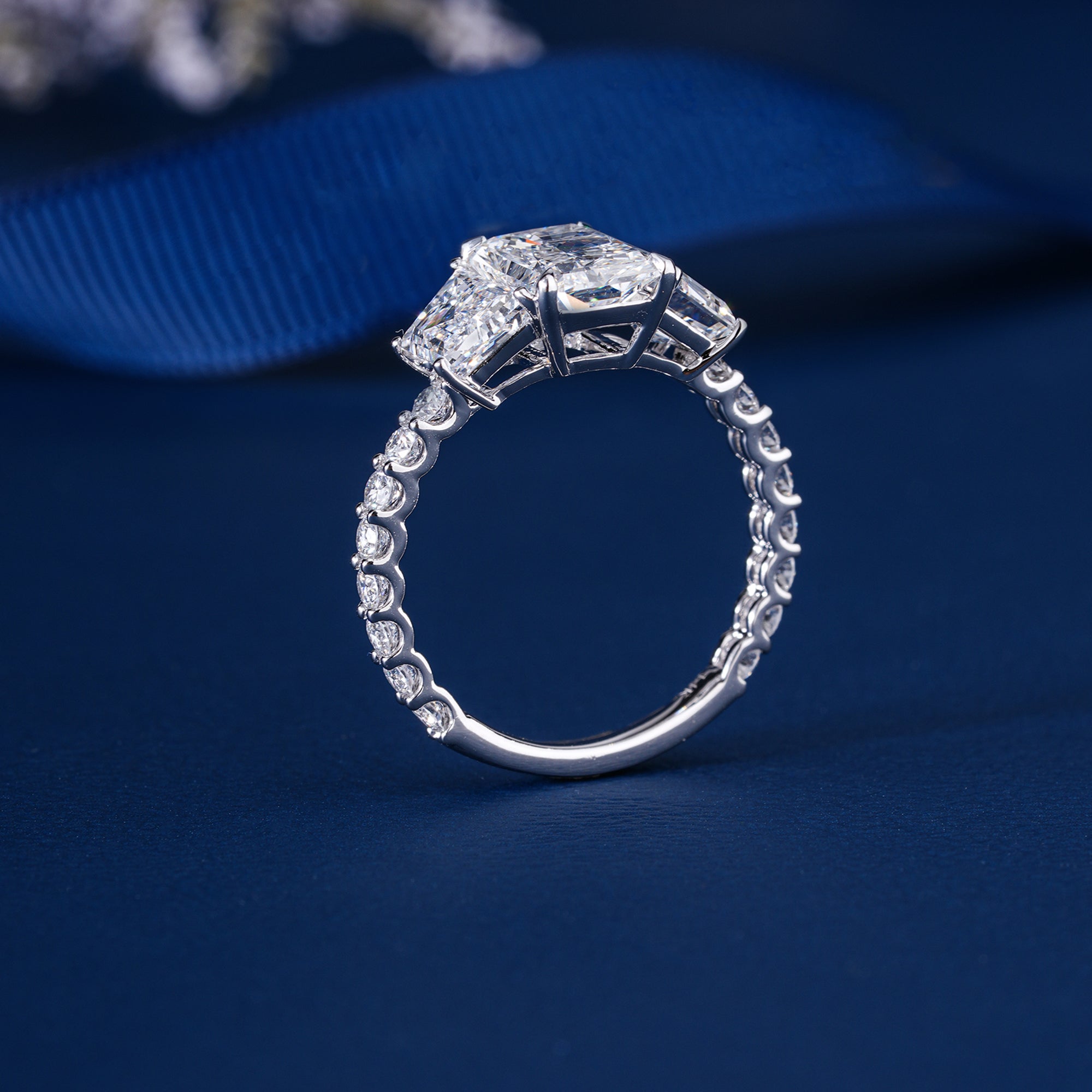 4.03 CT Radiant Cut Three Stone Lab Grown Engagement Ring I  Solid Gold Trapezoid Side Stone I Anniversary Wedding Gift For Girlfriend