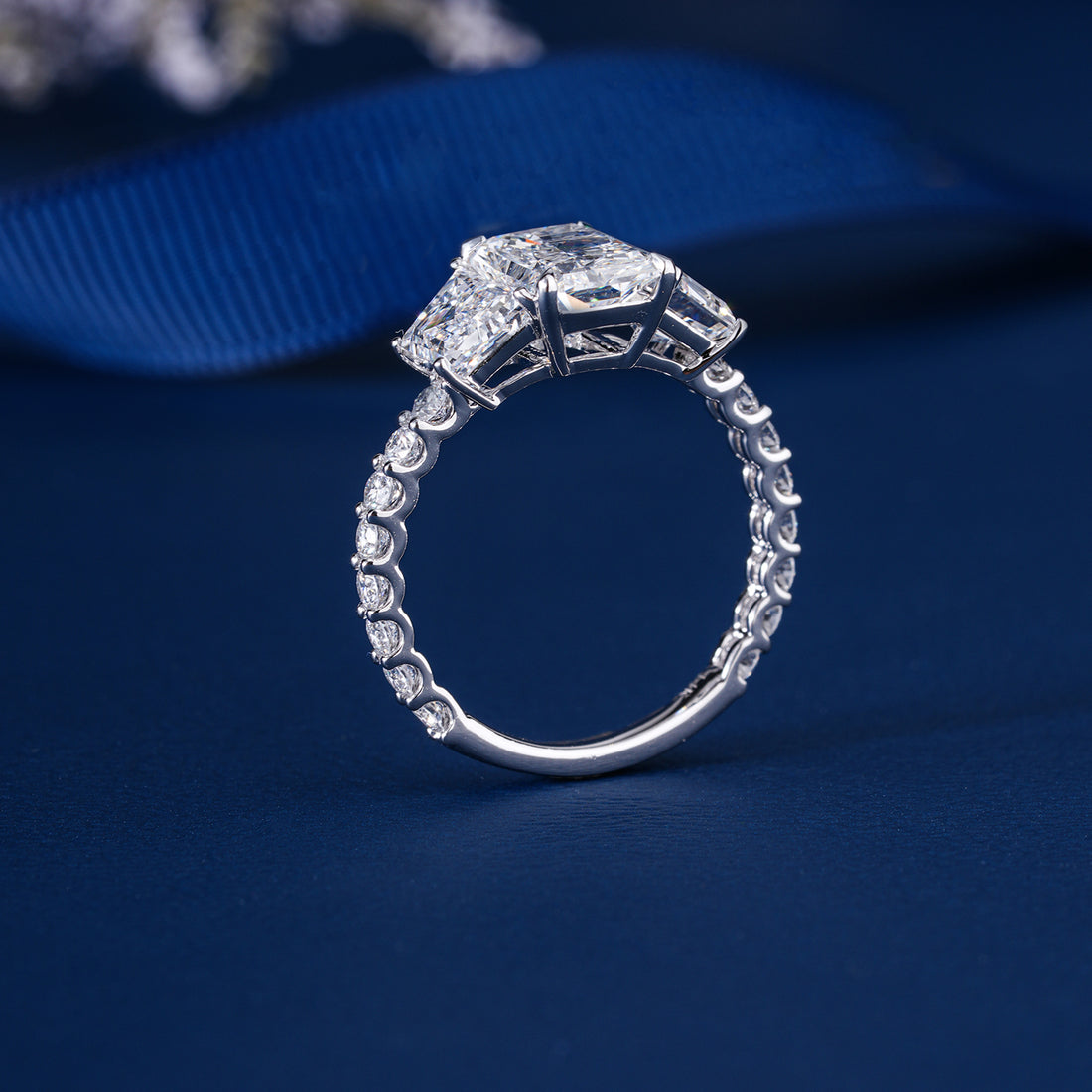 4.03 CT Radiant Cut Three Stone Lab Grown Engagement Ring I  Solid Gold Trapezoid Side Stone I Anniversary Wedding Gift For Girlfriend