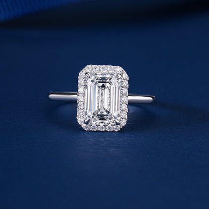 2.00 CT Emerald Cut Lab Grown Diamond Bridge Halo Set Solitaire Engagement Ring