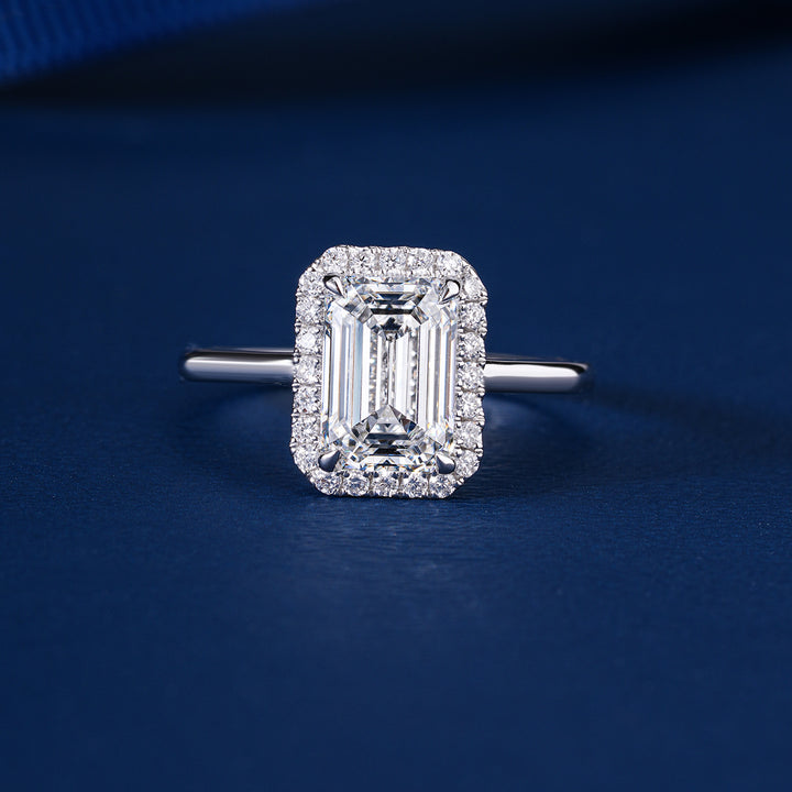 2.10 CT Emerald Cut Lab Grown Diamond Bridge Halo Set Solitaire Engagement Ring