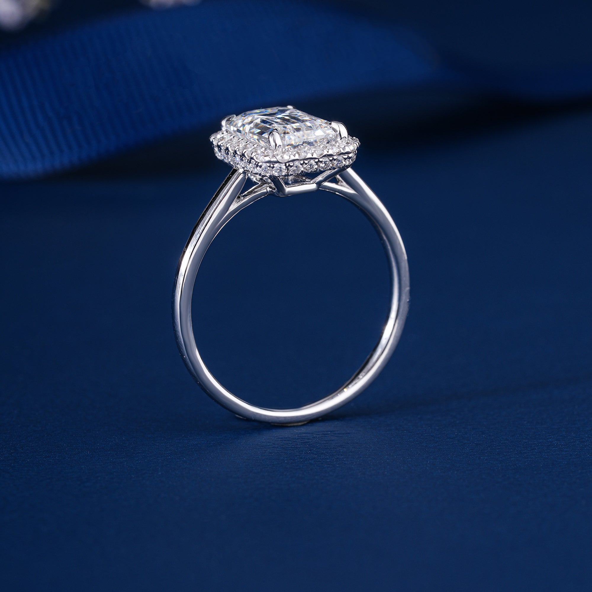 2.10 CT Emerald Cut Lab Grown Diamond Bridge Halo Set Solitaire Engagement Ring