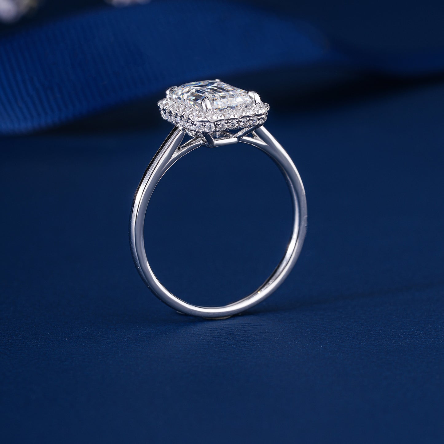 2.00 CT Emerald Cut Lab Grown Diamond Bridge Halo Set Solitaire Engagement Ring